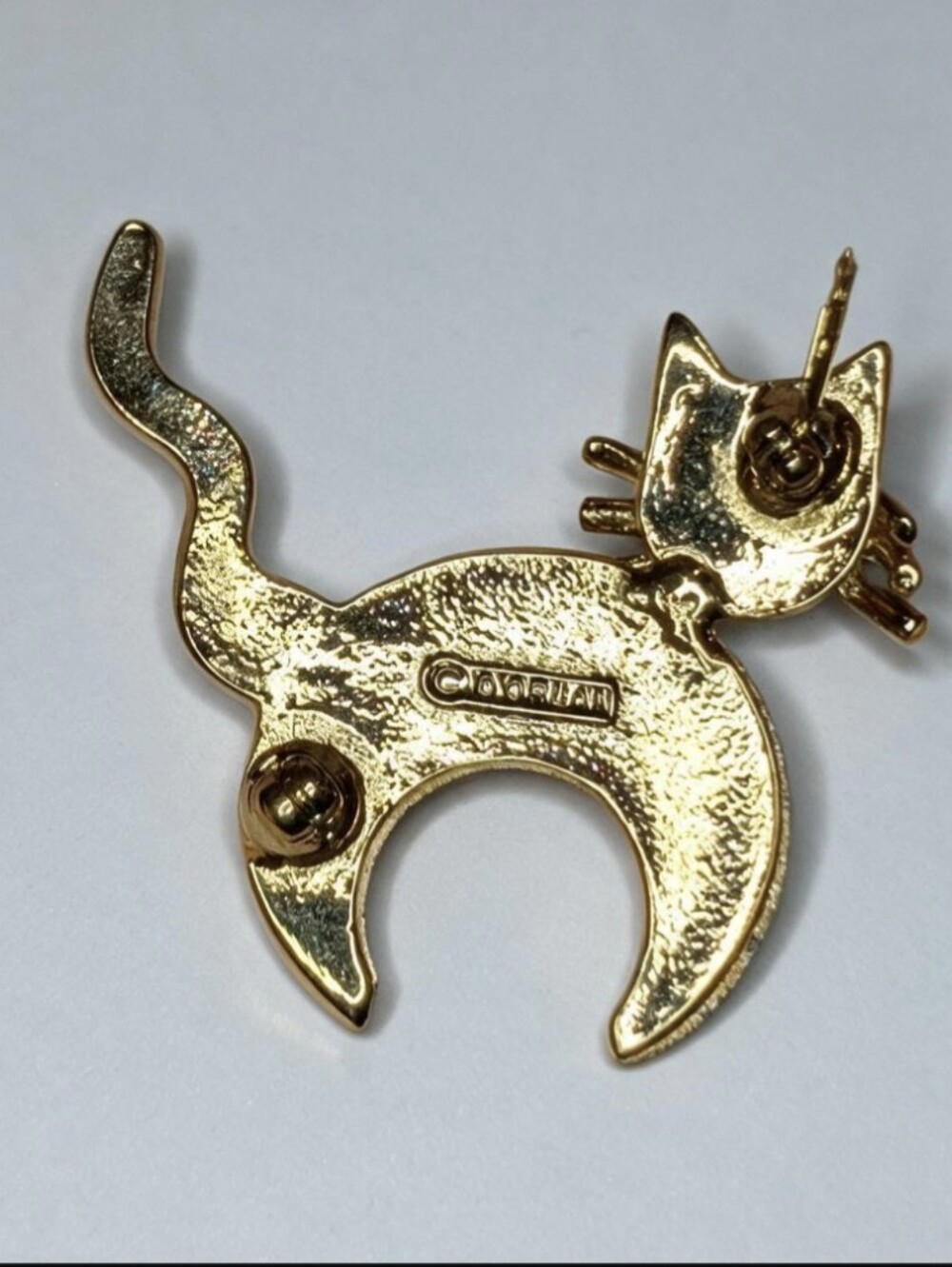 DOrlan Signed Two Tone Cat Crescent Moon Celestial Brooch Pin